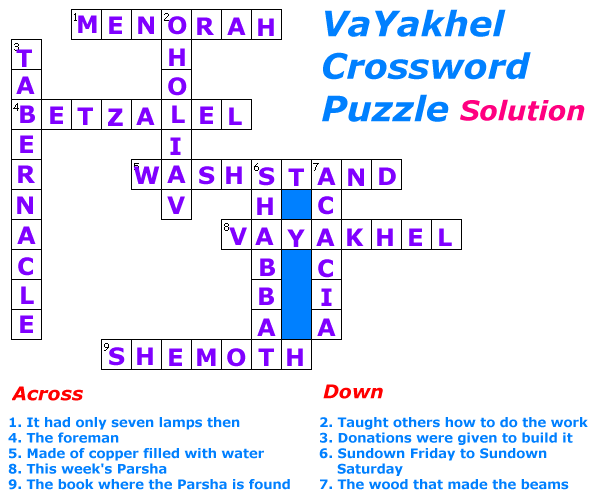 VaYakhel Crossword Puzzle Solution